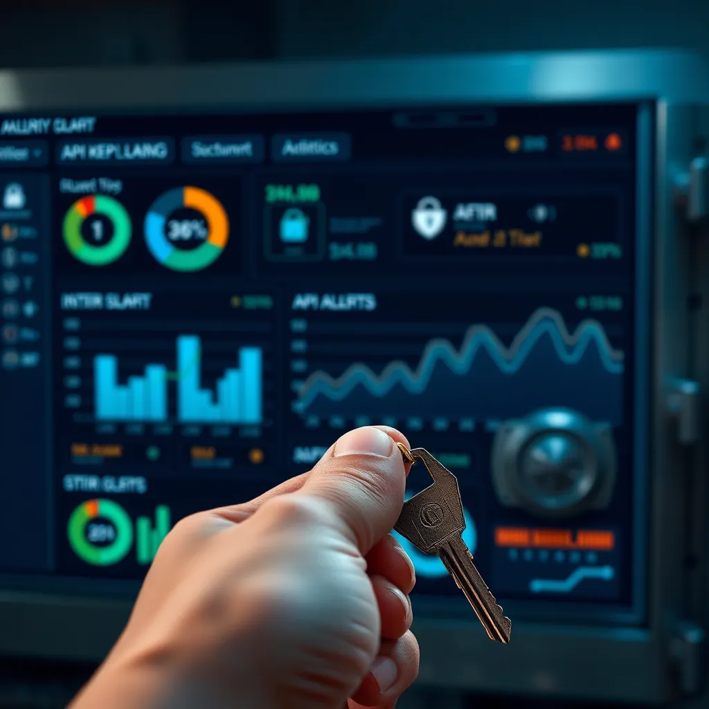 An image showing a digital dashboard displaying API key analytics, with charts and security alerts. In the foreground, a hand is holding a key, symbolizing control over key management, while a secure vault is visible in the background.
