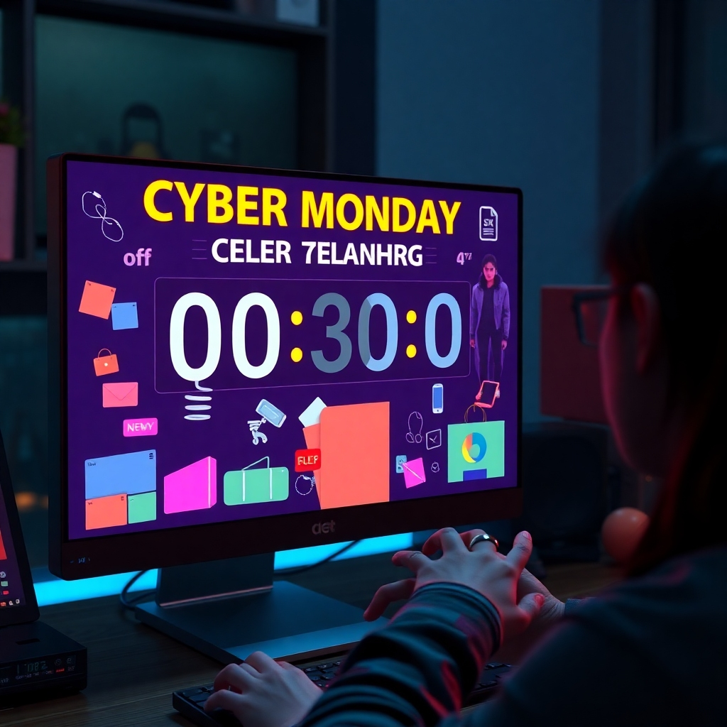 An imaginative digital scene of a computer screen displaying a countdown timer for Cyber Monday deals. Include vibrant graphics of electronic products and discounts, with a person eagerly watching and preparing to click to purchase.