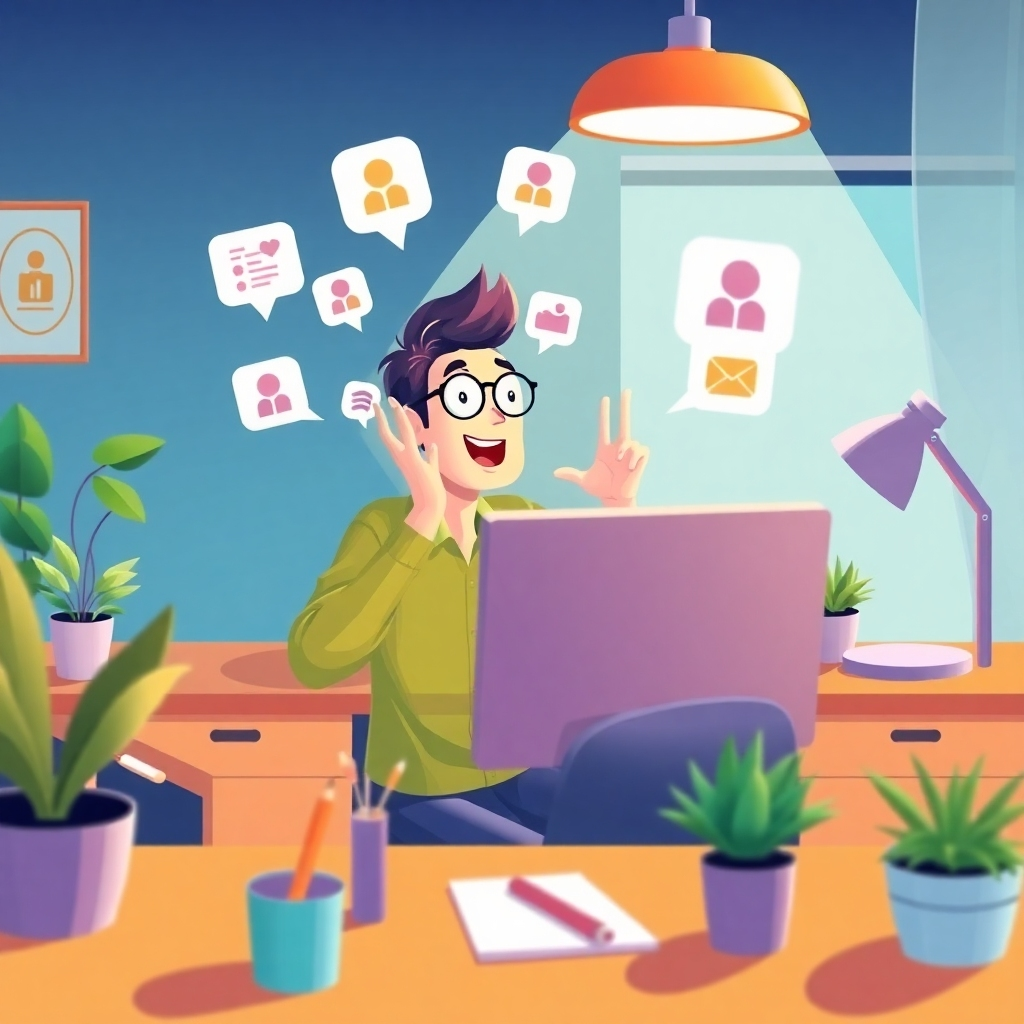 An imaginative scene depicting a user sitting at a computer, amazed while interacting with Microsoft Copilot's new feature. The environment is vibrant and visually engaging, with task bubbles and animated icons appearing around the user’s screen, suggesting a dynamic interaction with AI. The desk is adorned with personal touches like plants and stationery, highlighting a blend of comfort with advanced technology.