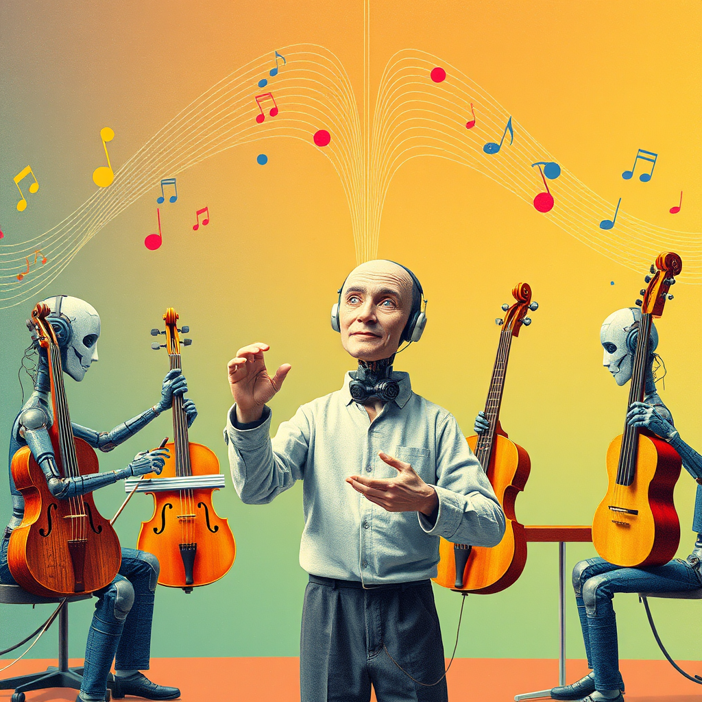 An imaginative scene showing interconnected AI tools depicted as musical instruments, with a conductor harmonizing their outputs. The setting has bright colors and flowing shapes of sound waves, representing productivity. The focus is on the conductor’s expressions of control and creativity. Textures blend natural instruments with digital elements, blending technology and artistry.