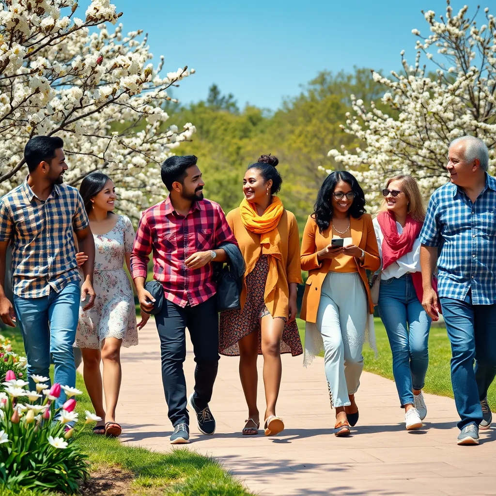 An inclusive group of people from different ethnicities and ages walking together in a park. They are engaging in animated conversations, showcasing cultural diversity. The setting is lively with blooming flowers and a clear blue sky, emphasizing harmony and community spirit.