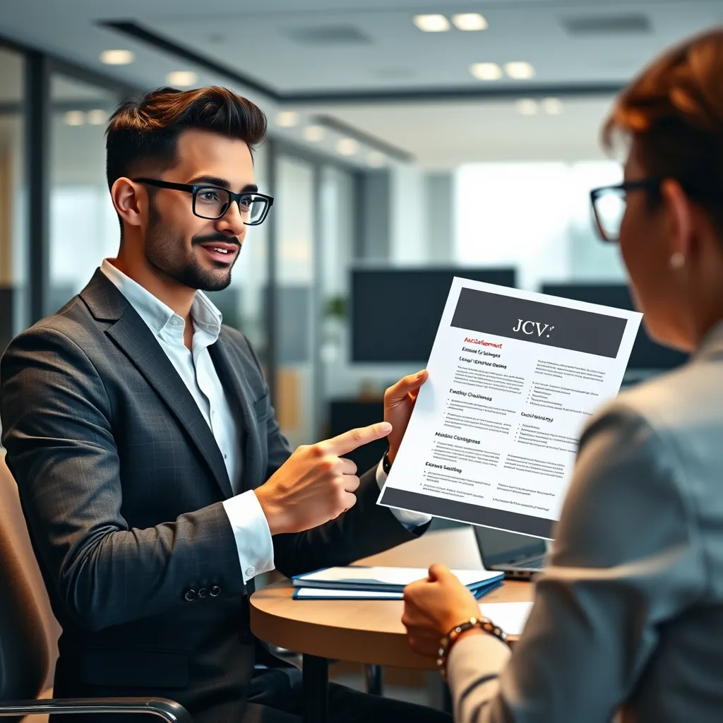 An individual confidently presenting their CV in a job interview setting, pointing at key achievements highlighted in bold. The interviewer looks engaged and impressed. The background shows a modern office.