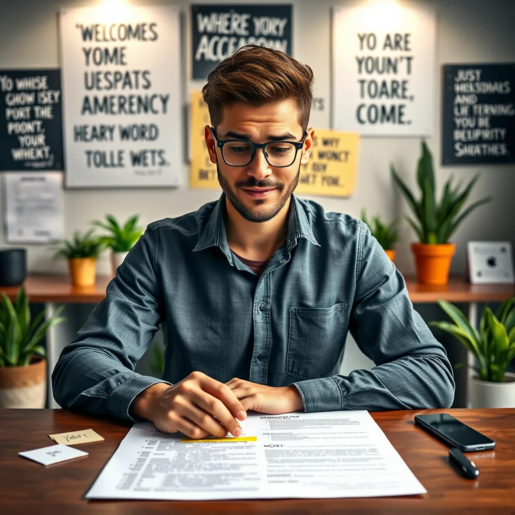 An individual sitting confidently at a table, reviewing their customized CV. The CV is filled with highlighted keywords and notes of encouragement around it, and the background depicts a motivational workspace with inspiring quotes and plants.