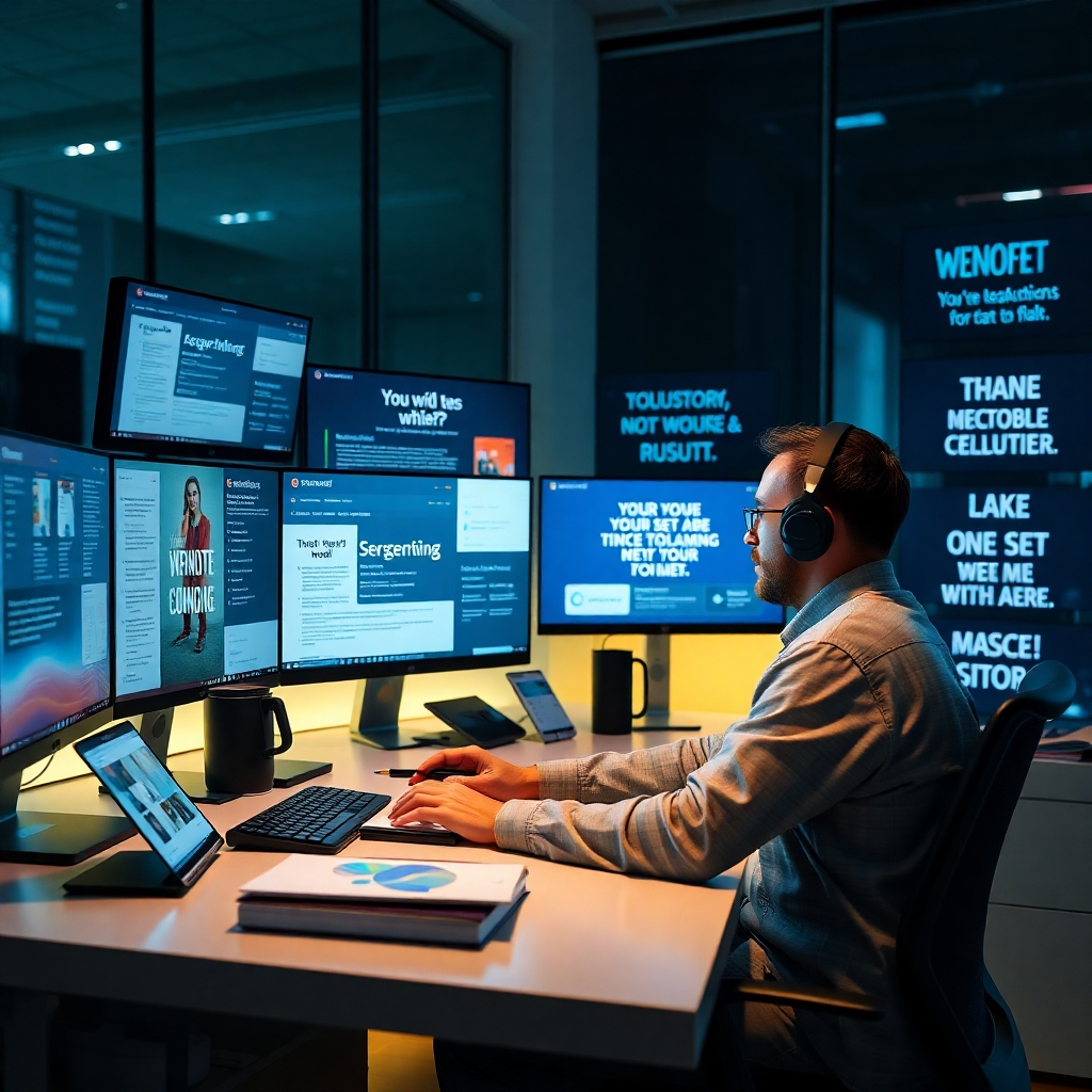 An individual working at a modern desk, with multiple screens displaying various online resources and goal-setting apps. The workspace is organized and filled with motivational quotes, illustrating a productive learning environment.