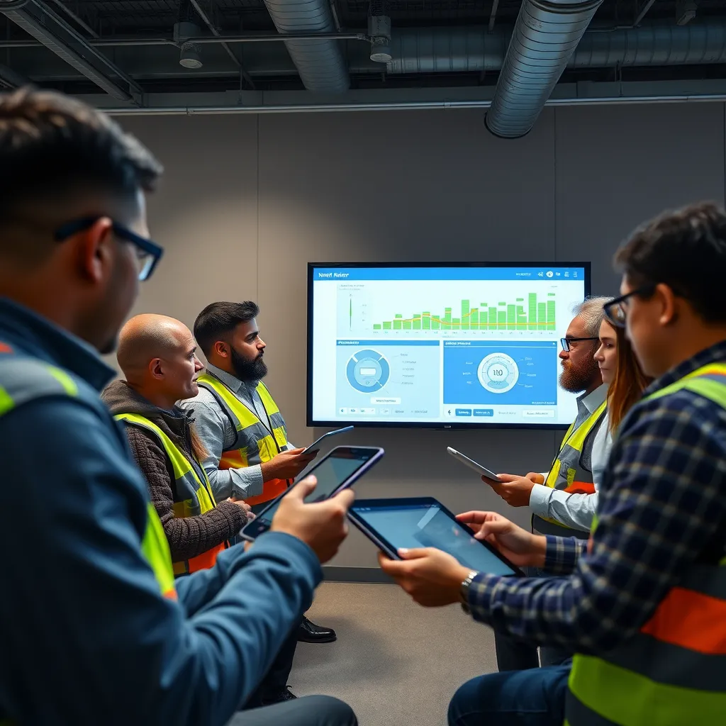 An indoor training scene showing a diverse group of former meter readers engaged in a smart technology workshop, learning with tablets, screens displaying smart meter data, and a knowledgeable instructor guiding them in a professional environment.