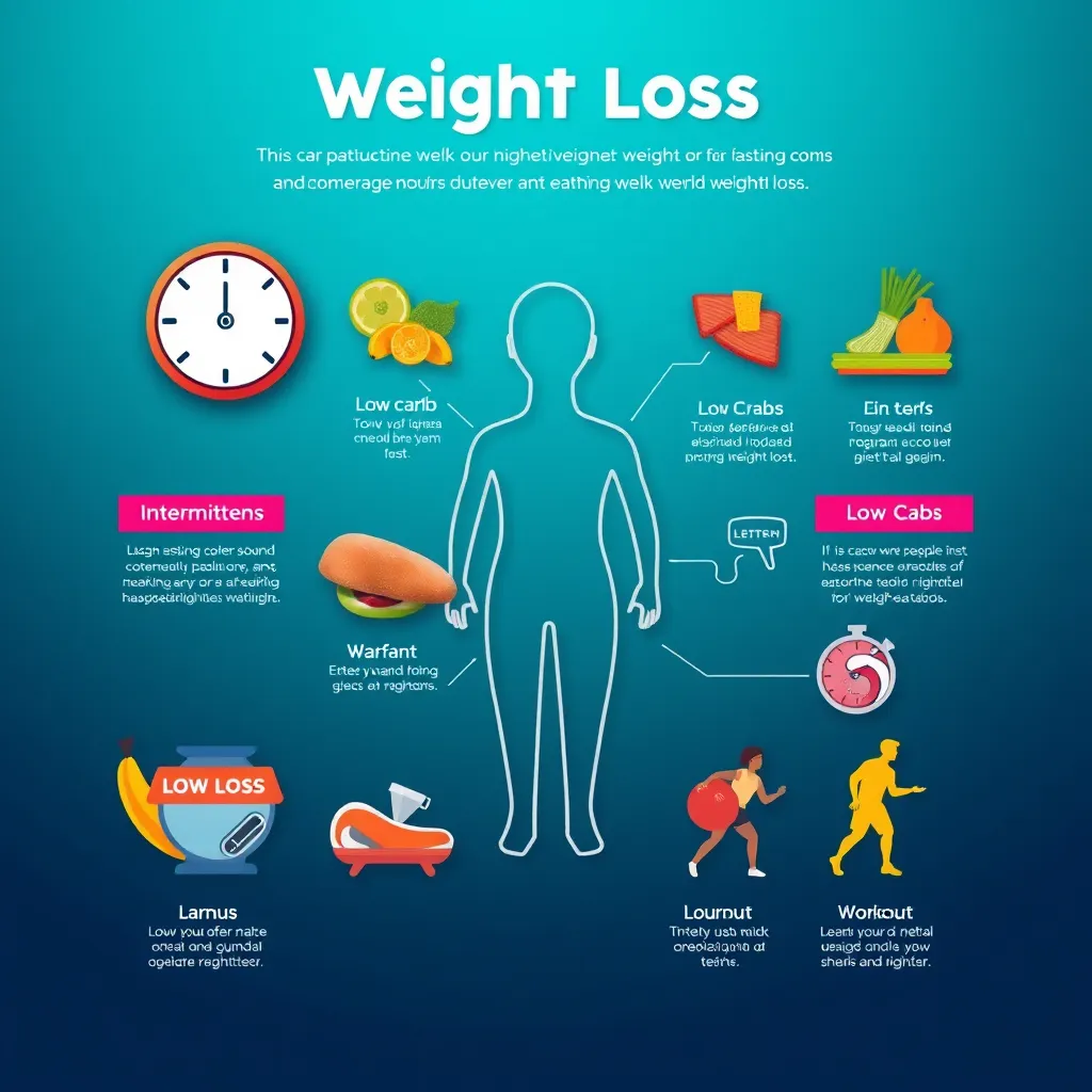 An infographic featuring various popular weight loss methods like intermittent fasting, low-carb diets, and workout programs visually represented by icons, in a vibrant and engaging layout that appeals to health enthusiasts.