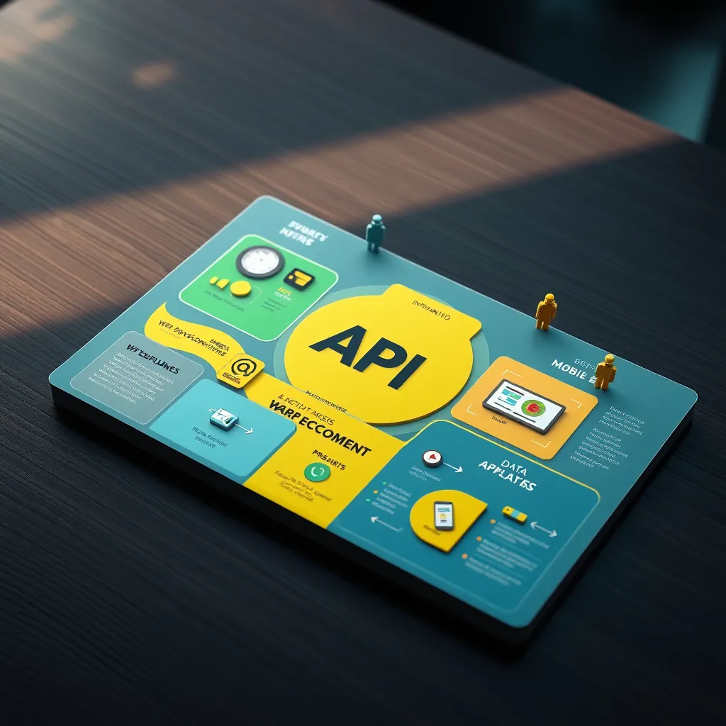 An infographic-like depiction, creatively illustrating the diverse use cases of API keys in a digital ecosystem. The layout should feature distinct sections for web development, mobile applications, and data analysis, structured with clear icons and imagery. Use vibrant and contrasting colors to differentiate segments, with bright yellows, greens, and blues. The background should have a futuristic feel with soft dramatic side lighting, enhancing the elements. A camera angle from above captures the entire infographic spread on a dark wooden table. Ensure high detail in textures, particularly in the icons, giving them a 3D appearance. This concept should resonate with the modern tech aesthetic seen in industry presentations, aiming for ultra-detailed visuals in 8K resolution.
