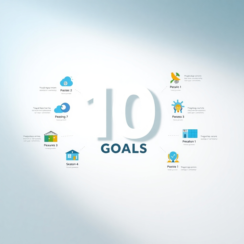 An infographic-style digital canvas showcasing the Top 10 Goals in U.K. arranged aesthetically with icons and illustrations representing each goal. The background features a light gradient, transitioning from sky blue to white, symbolizing clarity. Soft dramatic side lighting accentuates the graphics, creating depth and focus. The icons are vibrant, with a color palette of blues, greens, and yellows, evoking energy and positivity. The composition includes a large central number '10' with each goal illustrated around it, maintaining a balanced yet dynamic layout. The camera angle is straight on, emphasizing the clarity of the text and visuals. The style resembles that of contemporary design infographics, ensuring it is eye-catching and informative. The image should be in 8K resolution and ultra-detailed, capturing the essence of modern goal setting.