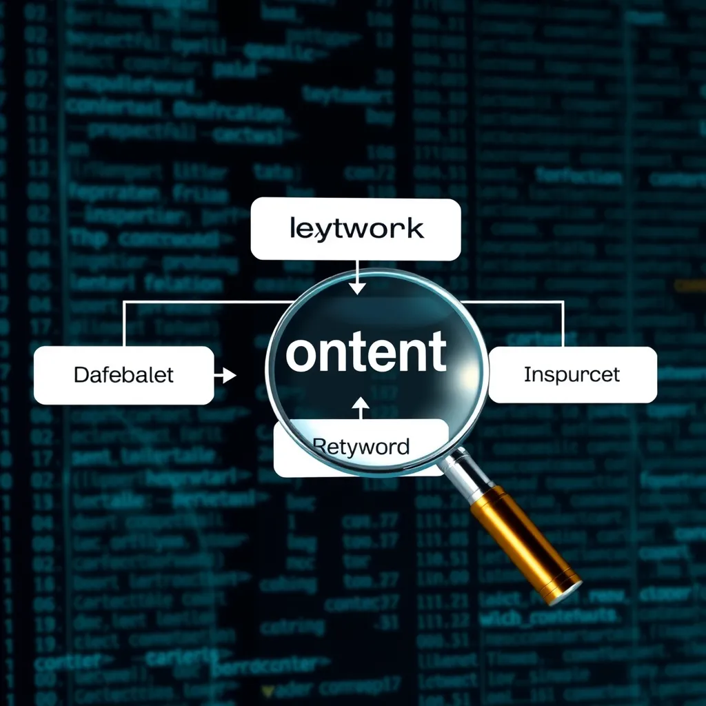 An infographic-style image showing a flowchart with keywords branching into various content themes. Include elements like a magnifying glass and arrows suggesting strategic direction, set against a background of digital code to signify data analysis.