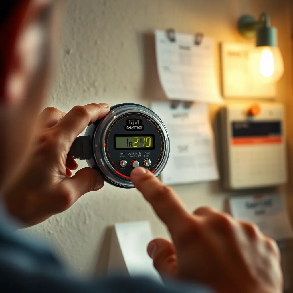 An informative and engaging image showing a person inspecting a smart meter with a digital reading in an indoor setting. Capture close-up details of the meter's features, with a calendar and notes in the background emphasizing consumer awareness.