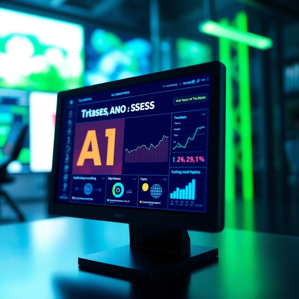 An informative image representing AI news insights. The scene includes a digital news interface showing trending AI topics and statistics. Bright, clean lighting enhances readability with a color palette featuring vivid greens and blues. The camera angle is focused on the screen, emphasizing important details. Textures involve interactive graphs and sleek media designs. Style references may include modern journalism.
