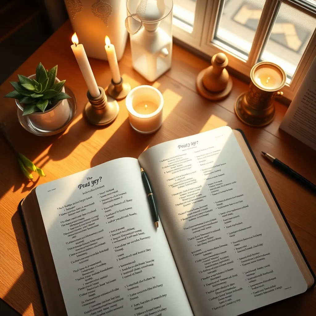 An inspirational workspace featuring an open Bible and a journal with beautifully written prayers and verses. Natural light streams from a nearby window, creating a serene glow over the pages. A warm wooden desk is adorned with candles and a small potted plant, enhancing the calming ambiance. The camera is positioned directly above the desk, capturing the gentle curves of the pages along with the delicate shadows cast by the candlelight. The overall mood is peaceful and meditative, with a color palette that includes soft yellows and greens, promoting relaxation and reflection. The textures of the paper and the smooth surface of the desk detail add to the image’s warmth. This ultra-detailed, photorealistic representation is rendered in 8K resolution, inviting the viewer into a moment of quiet contemplation.