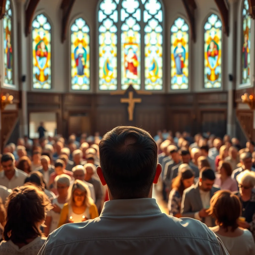 An inspiring church interior during a worship service, with a diverse congregation engaged in prayer and singing. Soft natural light streaming through stained glass windows, creating a warm and sacred atmosphere. A pastor passionately delivering a sermon in the foreground.
