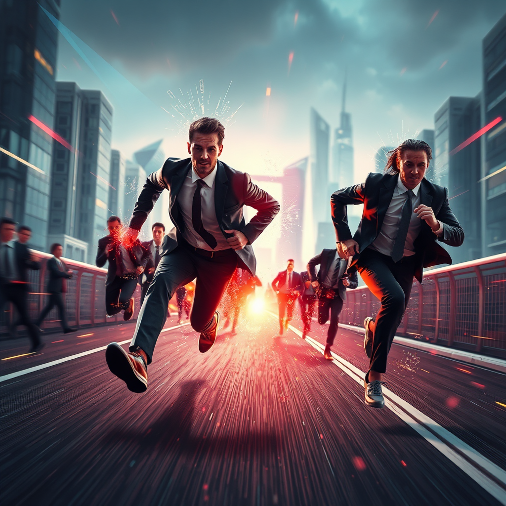 An inspiring image of a competitive race where business leaders sprinting ahead are fueled by AI technology depicted as energy bursts. The backdrop is a semi-abstract futuristic city. The use of dramatic lighting captures the essence of urgency and progress. Textures blend dynamic movement with digital elements, creating an electrifying atmosphere of competition.