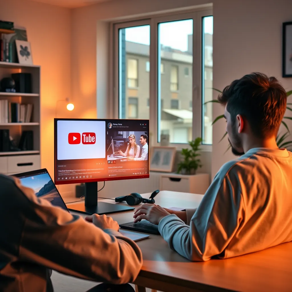 An inspiring workspace scene featuring a person working on a laptop, with a split-screen showing YouTube tutorial videos on one side and the person implementing a project on the other, all set in a well-lit, modern home office.