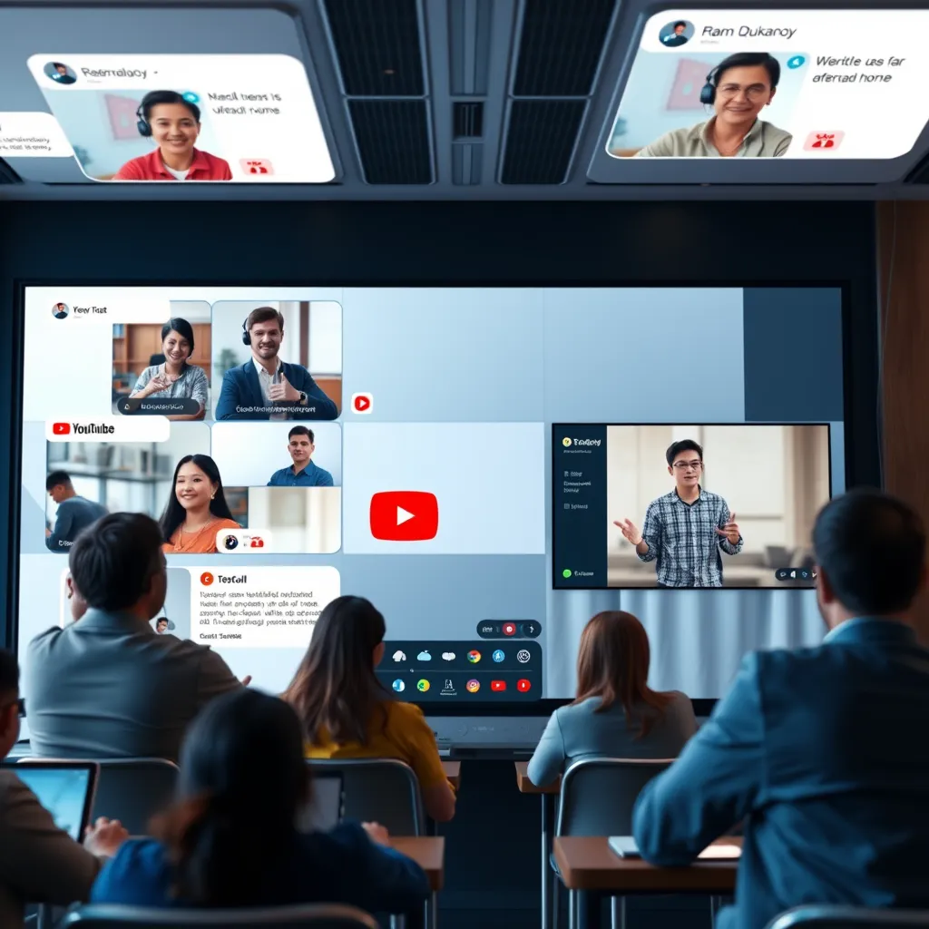 An interactive online community setting, displaying a virtual classroom with participants engaging via video call, chat bubbles showing diverse discussions, and a screen showcasing a live YouTube stream with an enthusiastic educator.