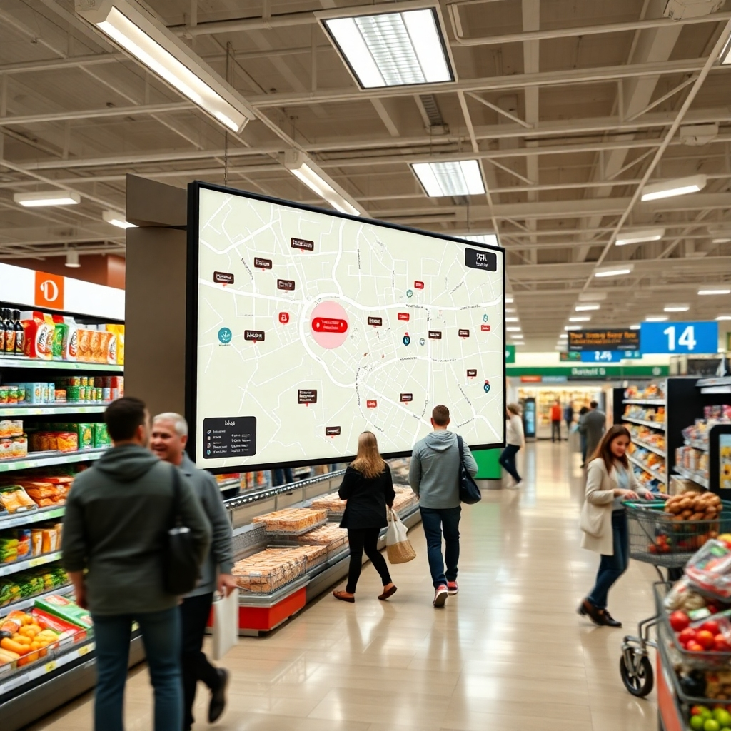 An interactive store map displayed on a large screen inside a bright and modern supermarket. The map should show clearly labeled sections, aisles, and key locations like restrooms and checkout counters, with customers happily shopping around.
