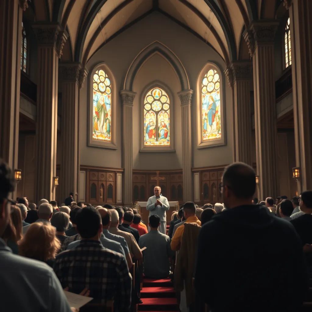  An interior view of a beautiful church during a worship service, with a diverse congregation engaged in prayer. Soft lighting illuminates stained glass windows, and a pastor is giving a sermon at the front, inspiring reflection and devotion.