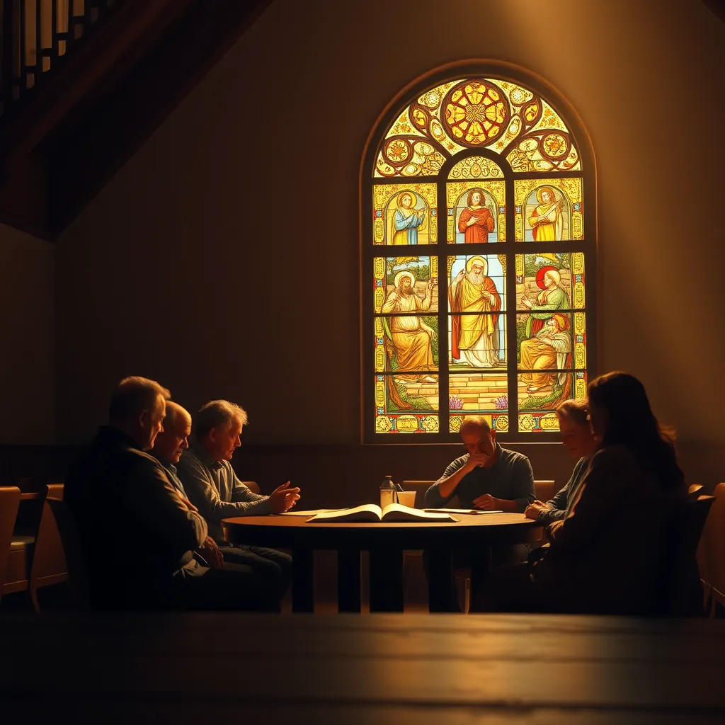 An intimate church interior during a Bible study session with a group of adults gathered around a table, discussing scriptures. Warm lighting illuminates the room, highlighting a large window with stained glass depicting biblical scenes.