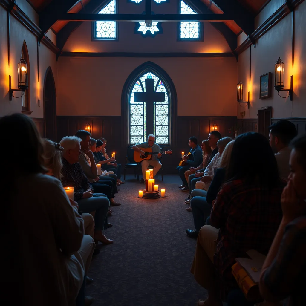 An intimate prayer and worship night in a cozy church setting, with congregants sitting in a circle, soft candlelight creating a warm atmosphere, a musician playing guitar, and members engaged in heartfelt prayers, evoking an atmosphere of spiritual connection.