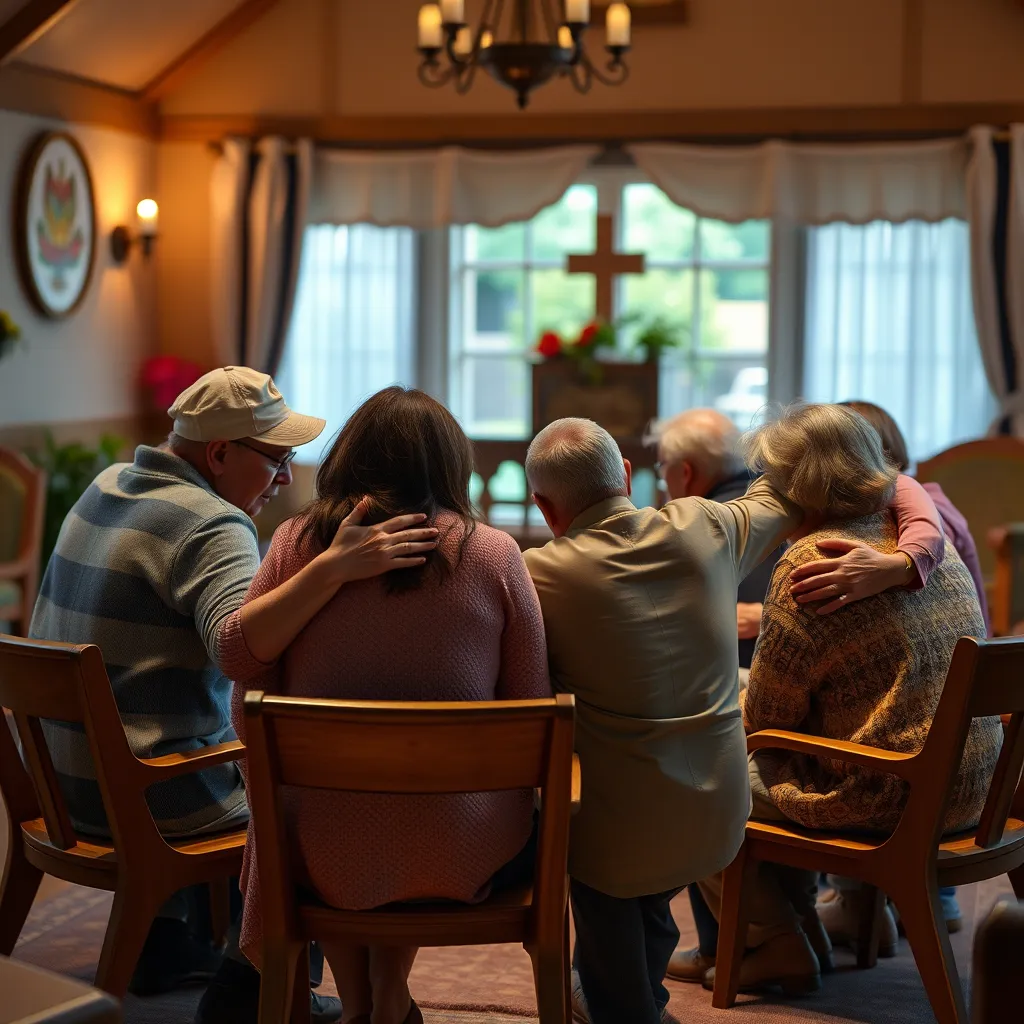An intimate scene depicting a small group of church members sitting in a circle, sharing stories and offering comforting hugs. The setting is warm and inviting, with soft lighting and comforting decor, conveying a deep sense of connection and support.