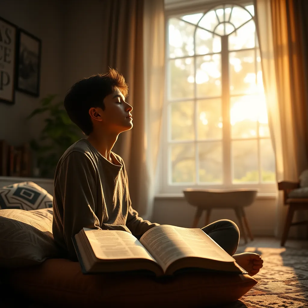 An intimate setting of a cozy living room with a window showing a bright morning light, where a person sits on a cushion with an open Bible and closed eyes, deeply in prayer, surrounded by soft, warm colors that evoke tranquility.