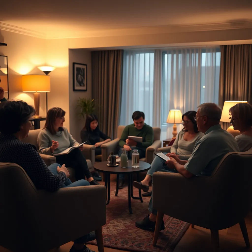 An intimate small group meeting in a cozy living room, with chairs arranged in a circle. Members are engaged in discussion, some taking notes, while others share openly. A warm atmosphere with a soft glow from lamps, highlighting friendship and support.