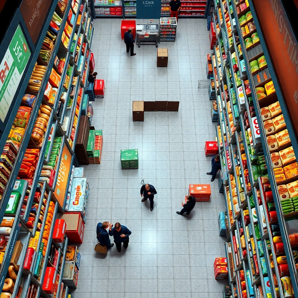 An intricate, detailed overhead view of a supermarket layout showcasing clearly marked aisles and sections. Depict shoppers using the map on a phone, browsing through different areas of the store, emphasizing organization and user-friendliness.