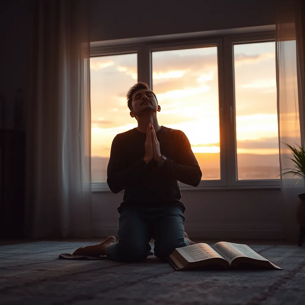 An introspective scene of a person kneeling in prayer, with closed eyes and hands held together, inside a softly lit room. A window reveals a breathtaking sunset outside, symbolizing hope and new beginnings, with a Bible open nearby.