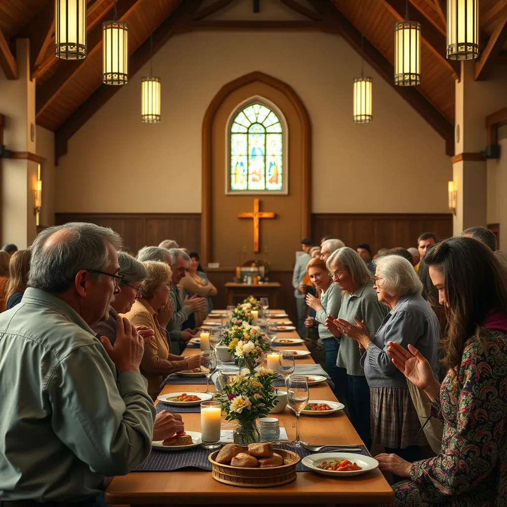  An inviting church interior during a fellowship gathering, with groups of people of varied ages engaged in heartfelt conversation and prayer. Enhance the atmosphere with warm lighting, decorated tables, and shared meals, showing unity and friendship in faith.