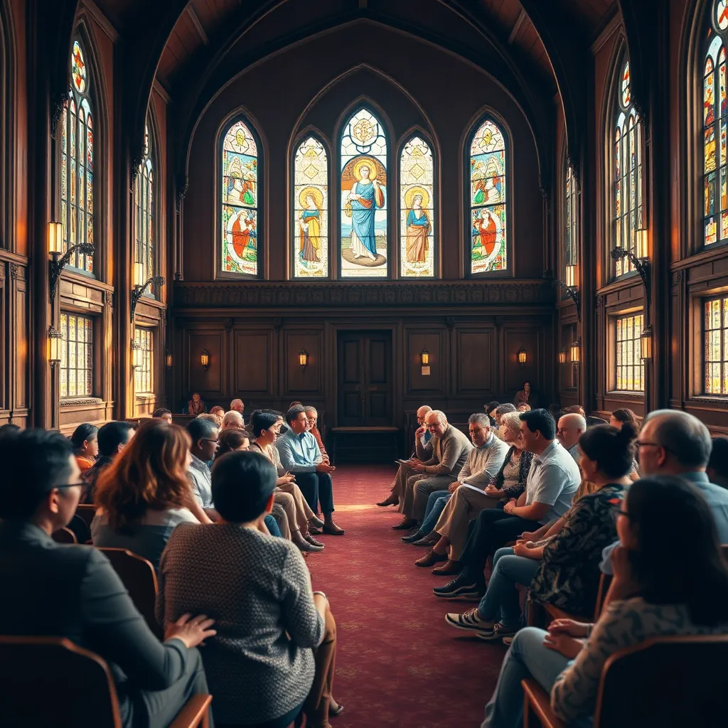 An inviting church interior filled with diverse people engaging in small group discussions, sitting in a circle, sharing stories and laughter. Warm light filters through stained glass windows, creating a welcoming environment that encourages openness and support.