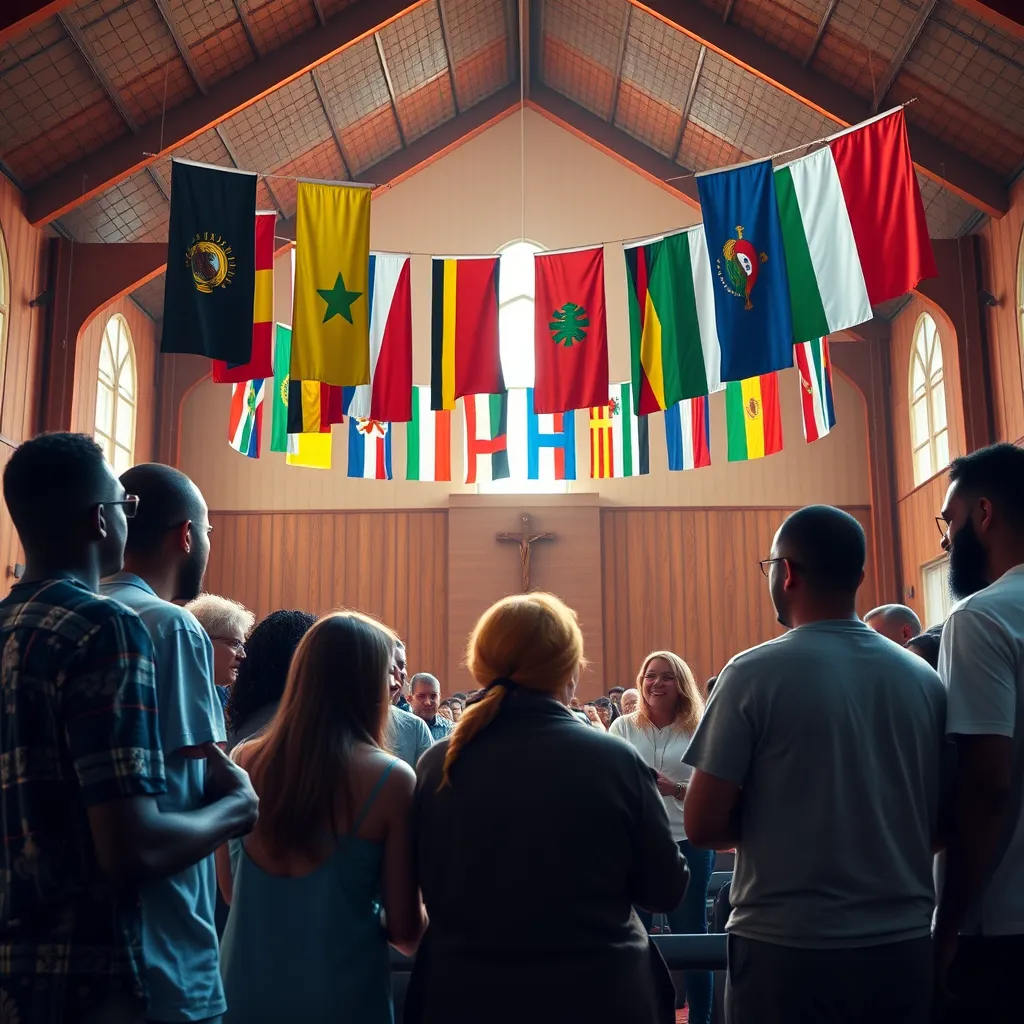 An inviting church interior filled with warm, natural light. A diverse group of individuals engages in a circle, sharing stories and laughter. Colorful flags representing different nations hang from the ceiling, symbolizing unity in the Christian faith across cultures.