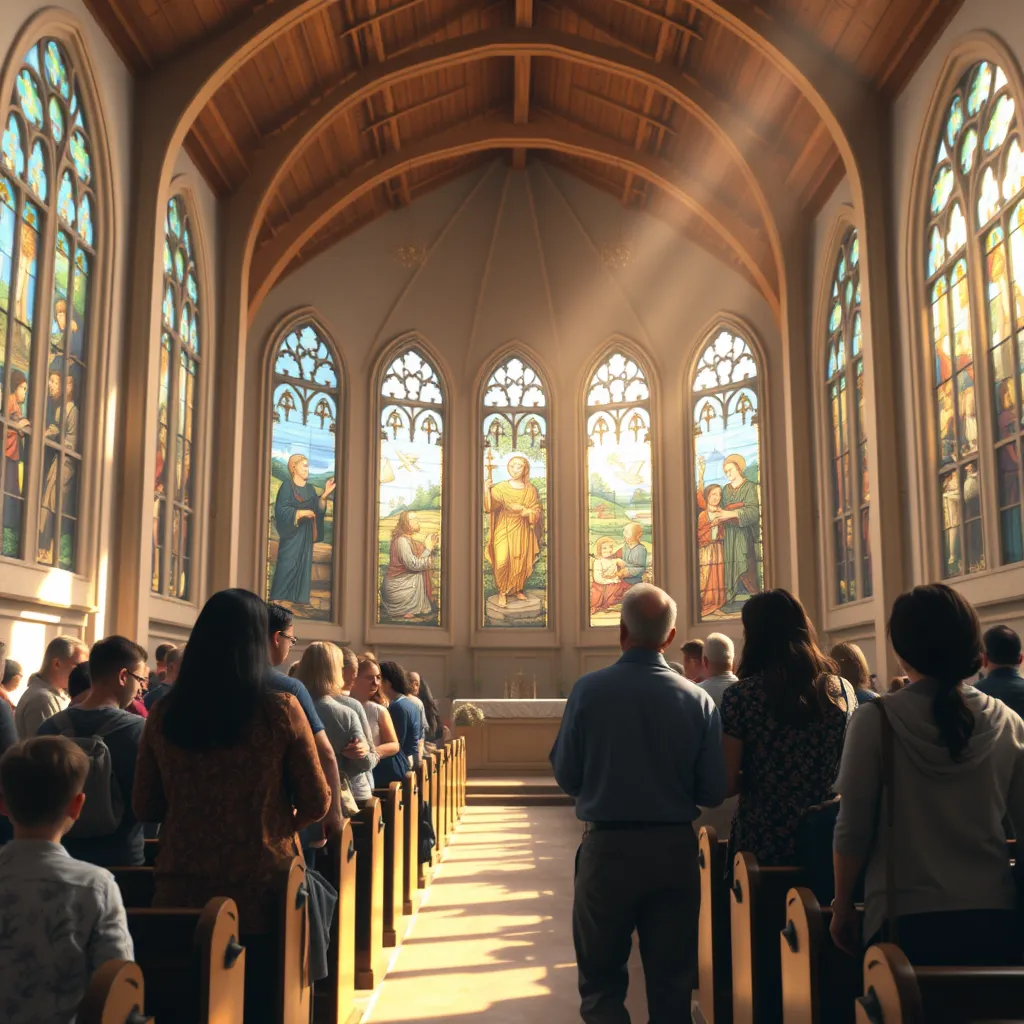 An inviting church interior with sunlight streaming through stained glass windows, depicting scenes of grace and forgiveness, with diverse people sharing warm moments, symbolizing acceptance and love within the Christian community.