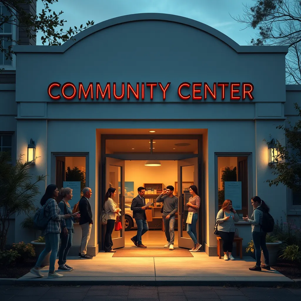An inviting community center sign, fronted by a welcoming entrance with people engaging in activities. The image should capture a sense of warmth and support, showcasing diverse individuals coming together for assistance.