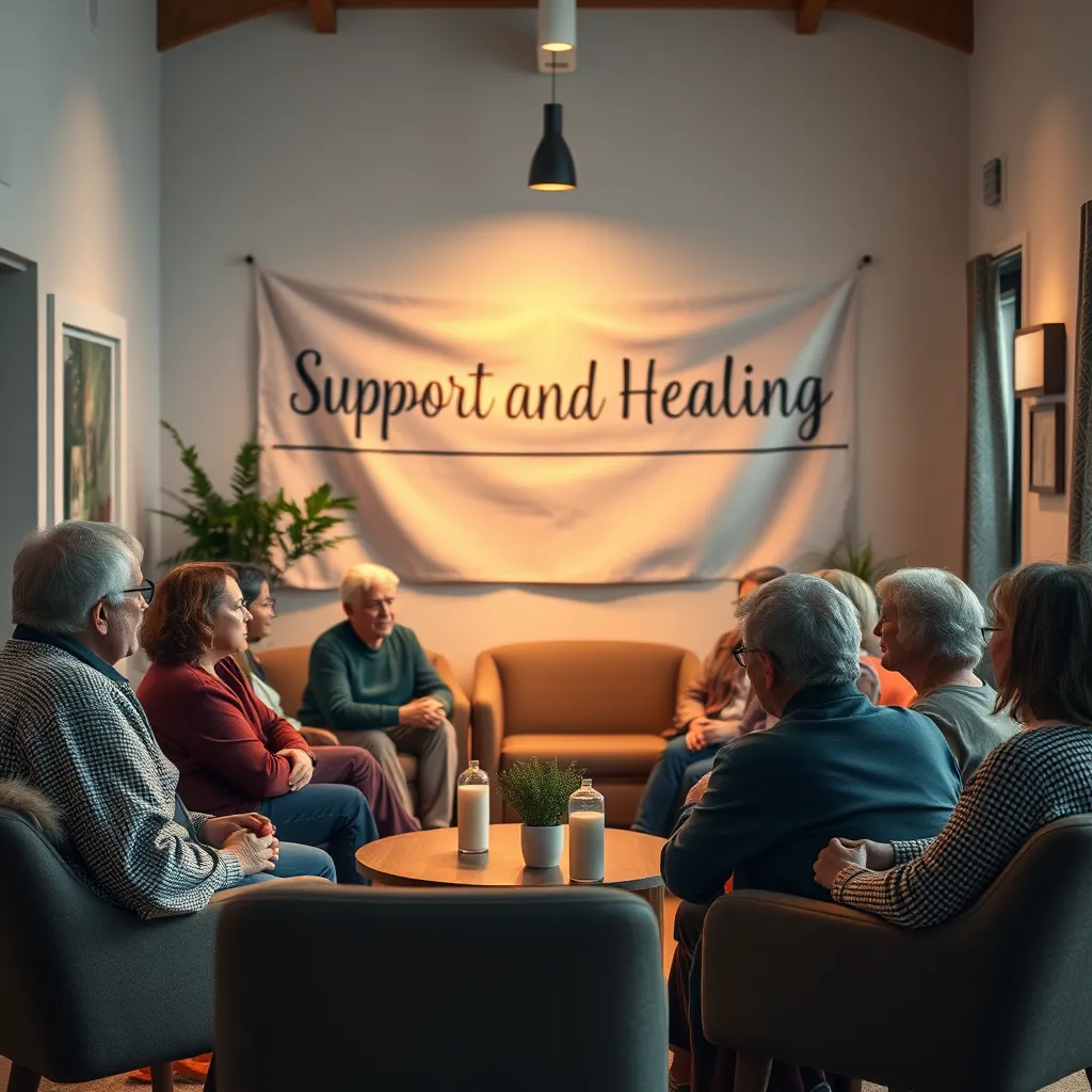 An inviting community center setting where a small group of people is engaged in a supportive discussion, portraying different ages and backgrounds. Soft lighting and warm colors enhance a sense of safety and warmth, with a large banner reading 'Support and Healing'.