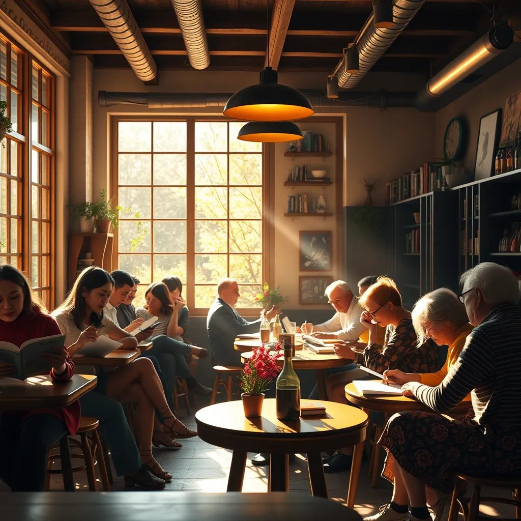 An inviting scene depicting a cozy café where a diverse group of people is engaging in various activities like reading, chatting, and drawing. The atmosphere radiates warmth and connection, with sunlight streaming through large windows, highlighting the joy of community.