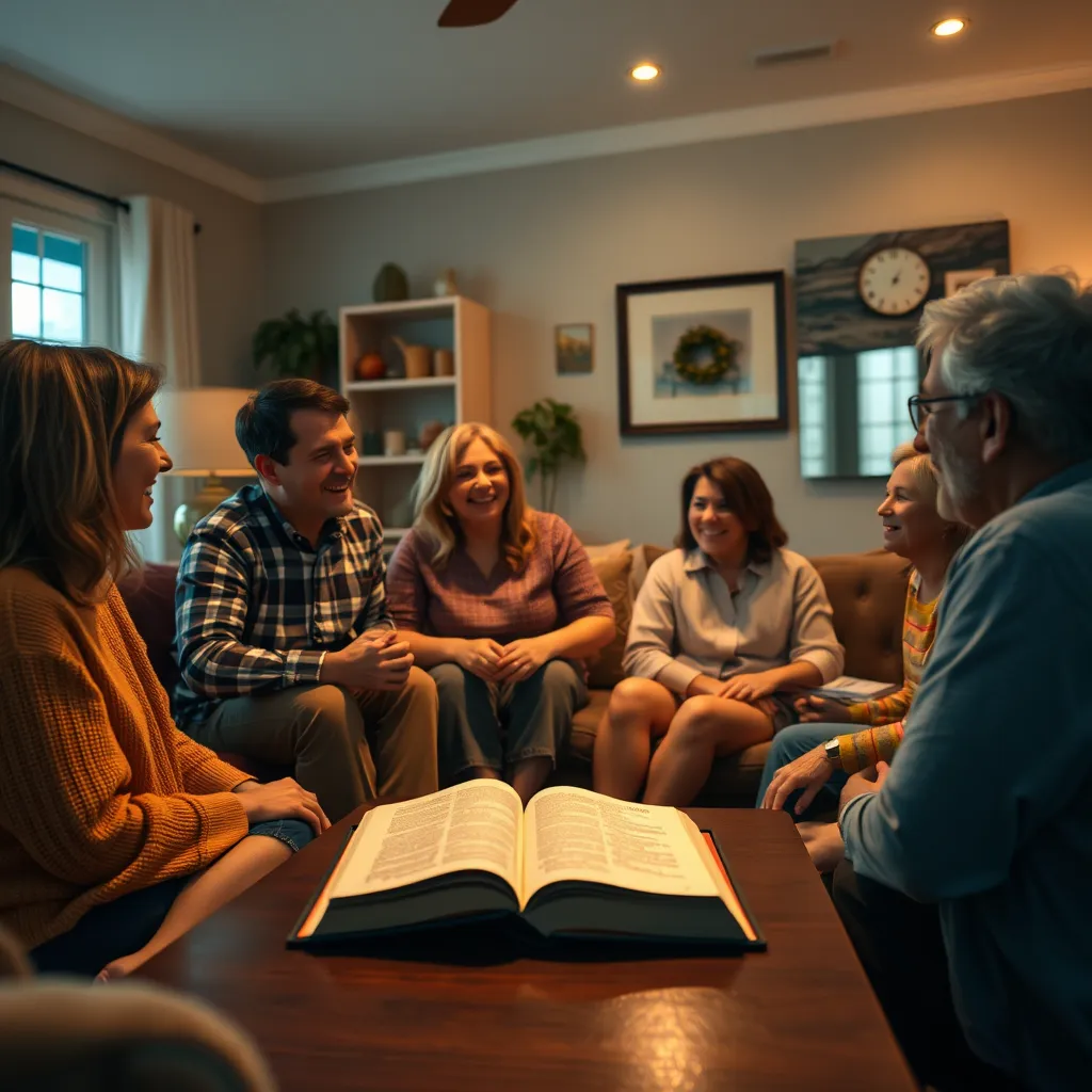 An inviting scene of a small group gathered in a cozy living room, engaged in friendly conversation and laughter. Warm lighting enhances the atmosphere of connection and belonging, with a Bible open on a coffee table.