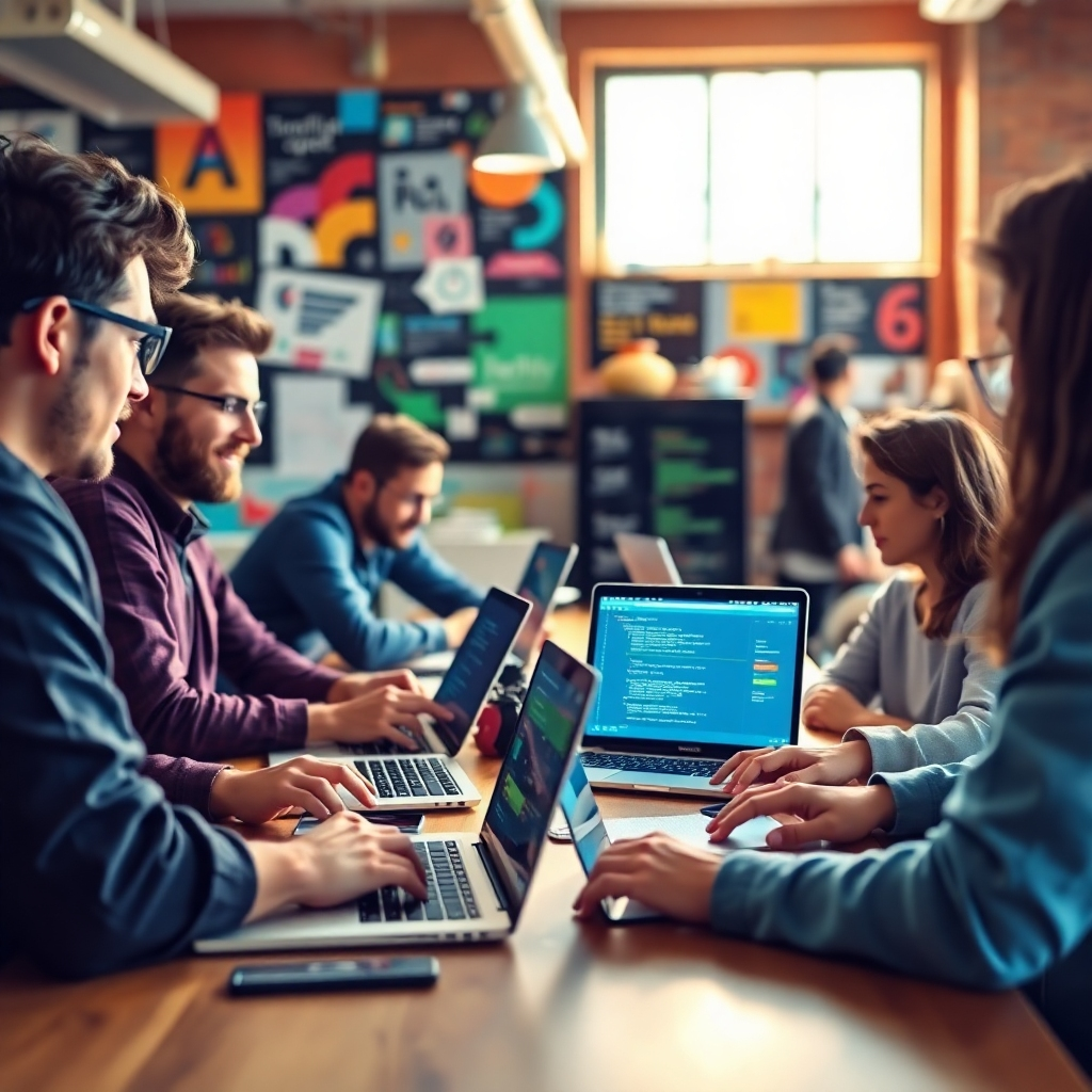 An inviting scene of developers brainstorming in a vibrant coworking space, with Replit Agent v2 actively aiding them on laptops. The background showcases a lively mix of graphics and code snippets, creating an aura of collaboration and excitement in technology. Natural light floods in, adding to the welcoming ambiance.