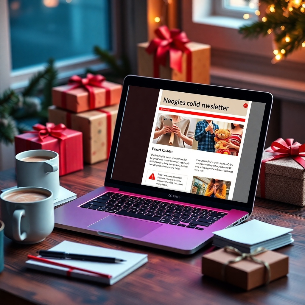 An inviting workspace with an open laptop showing a colorful email newsletter from a popular retailer with discount codes highlighted. Surround it with notepads, a cup of hot cocoa, and wrapped gifts, evoking a cozy holiday atmosphere.