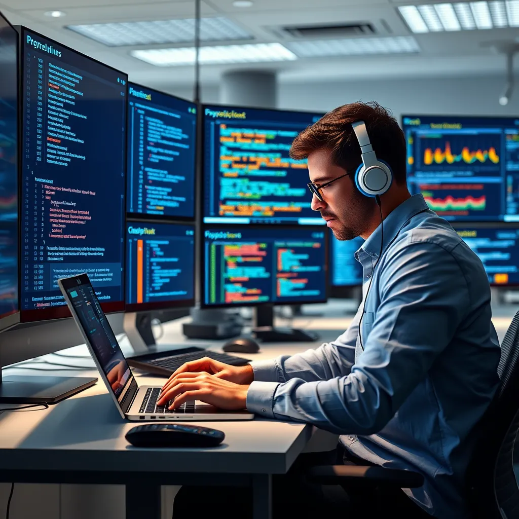An IT professional working on a laptop in a modern office, surrounded by screens displaying coding and chatbot metrics, with a visible schedule for regular updates and maintenance tasks, emphasizing the importance of ongoing support.