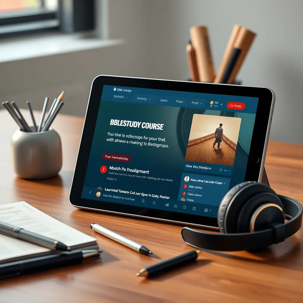 An online learning platform interface on a tablet showing a Bible study course. The image should depict a stylish workspace with a tablet, headphones, and stationary, capturing the essence of modern digital education.