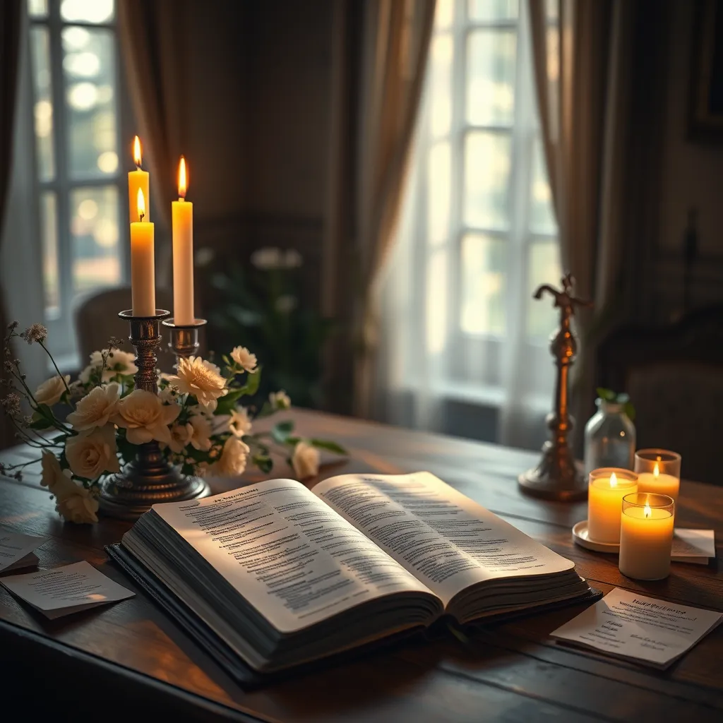 An open Bible on a wooden table surrounded by lit candles, flowers, and soft sunlight filtering through a window. Include personal prayer notes scattered around, emphasizing the importance of spirituality and personal reflection.
