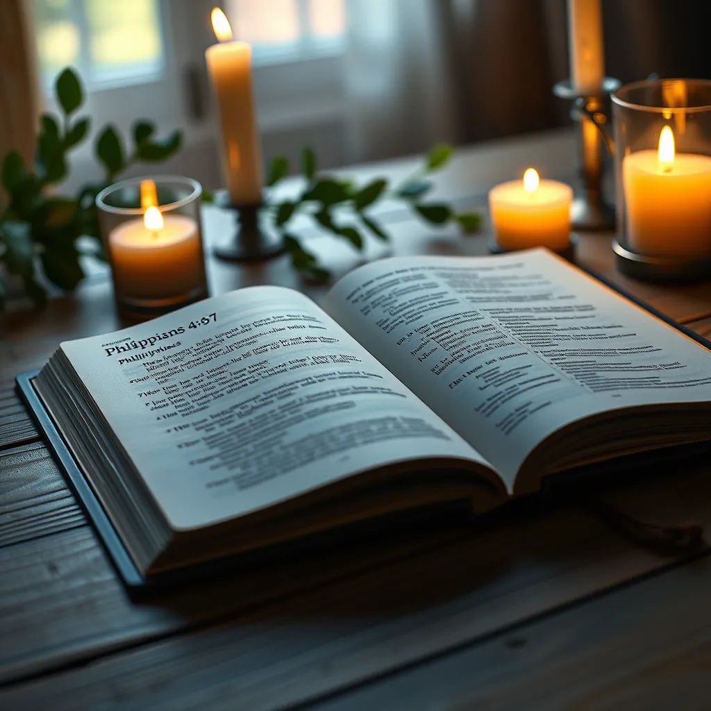 An open Bible on a wooden table surrounded by candles and a peaceful atmosphere. Soft light illuminating verses with a focus on Philippians 4:6-7, conveying a sense of hope and encouragement in spiritual contemplation.