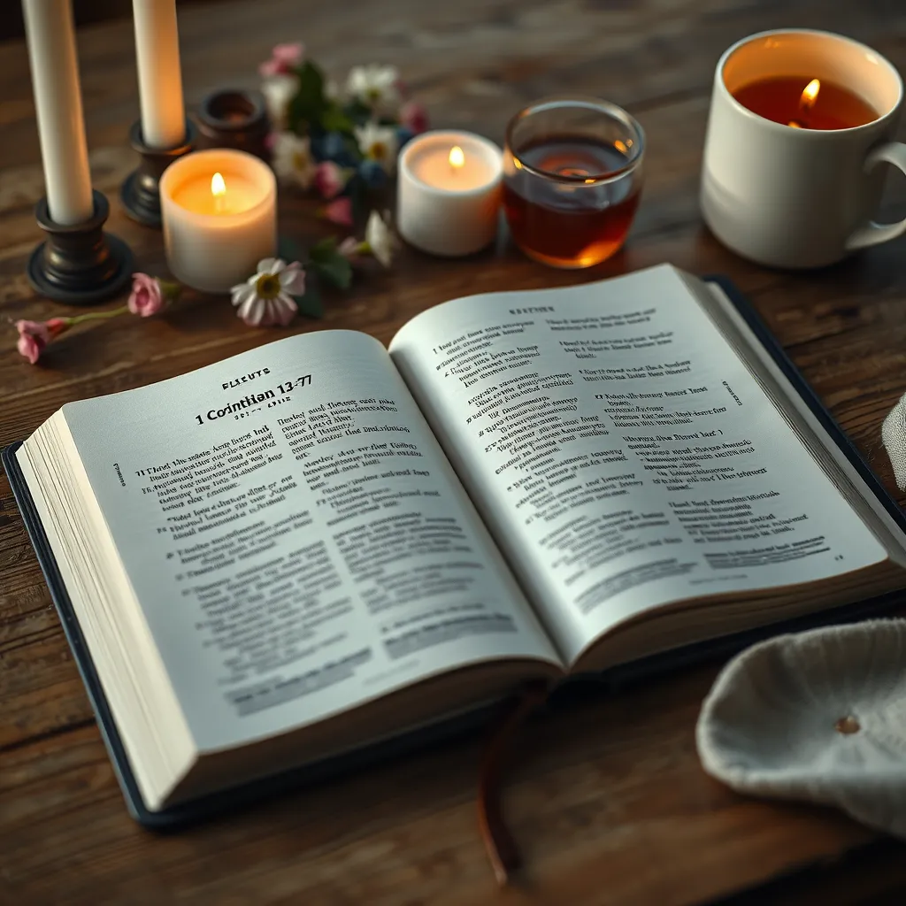 An open bible on a wooden table, with highlighted passages from 1 Corinthians 13:4-7 visible. Surrounding the bible are candles, flowers, and a cup of tea, creating a serene and reflective environment that encourages meditation and connection with scripture.