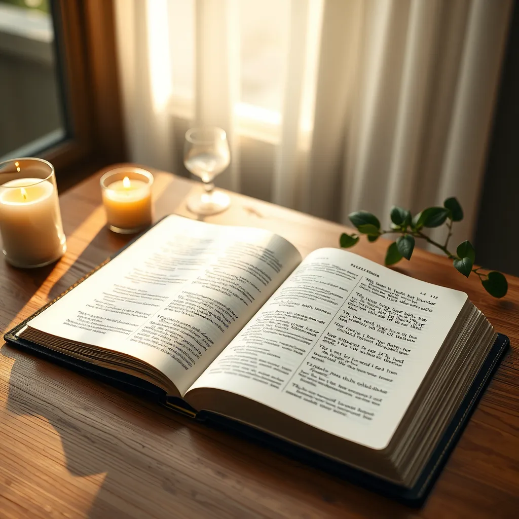 An open Bible with highlighted verses on relationships, placed on a wooden table. Soft light filters in through a window, casting a warm glow. Surrounding the Bible are candles and a small plant, suggesting a peaceful, reflective atmosphere.