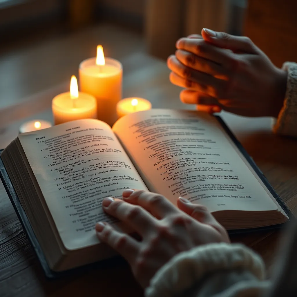 An open Bible with highlighted verses surrounded by candles softly illuminating the pages. There are hands clasped in prayer, and a calming atmosphere is created with a soft-focus background of a tranquil setting, such as a quiet room or garden.