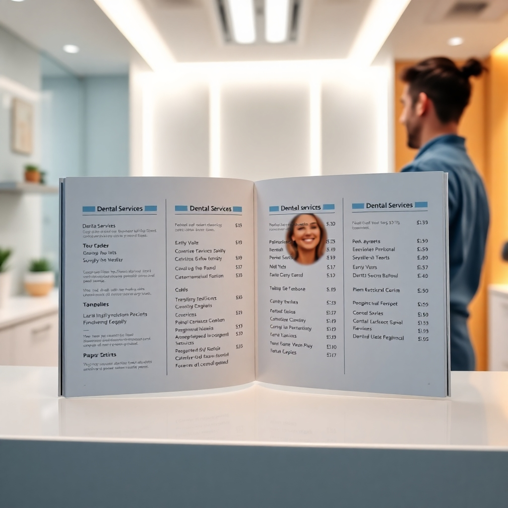 An open brochure displaying various dental services with clear prices next to each service. The setting should be a sleek reception desk in a dental office, with a friendly staff member assisting a patient, highlighting transparency and professionalism.