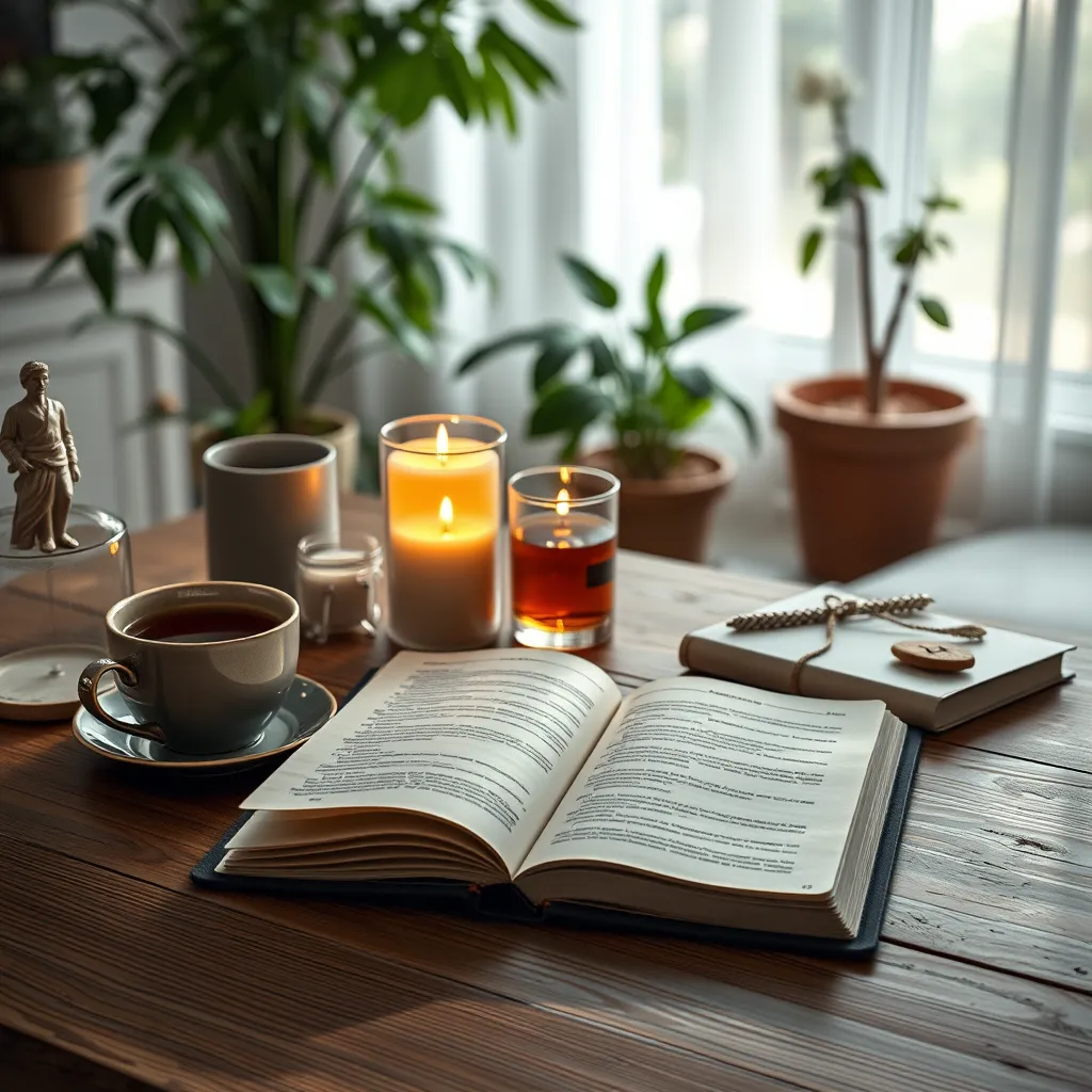 An open journal placed on a wooden table, surrounded by comforting items like a cup of tea, candles, and personal mementos. The background shows a softly lit room filled with plants, conveying warmth and a safe space for reflection.