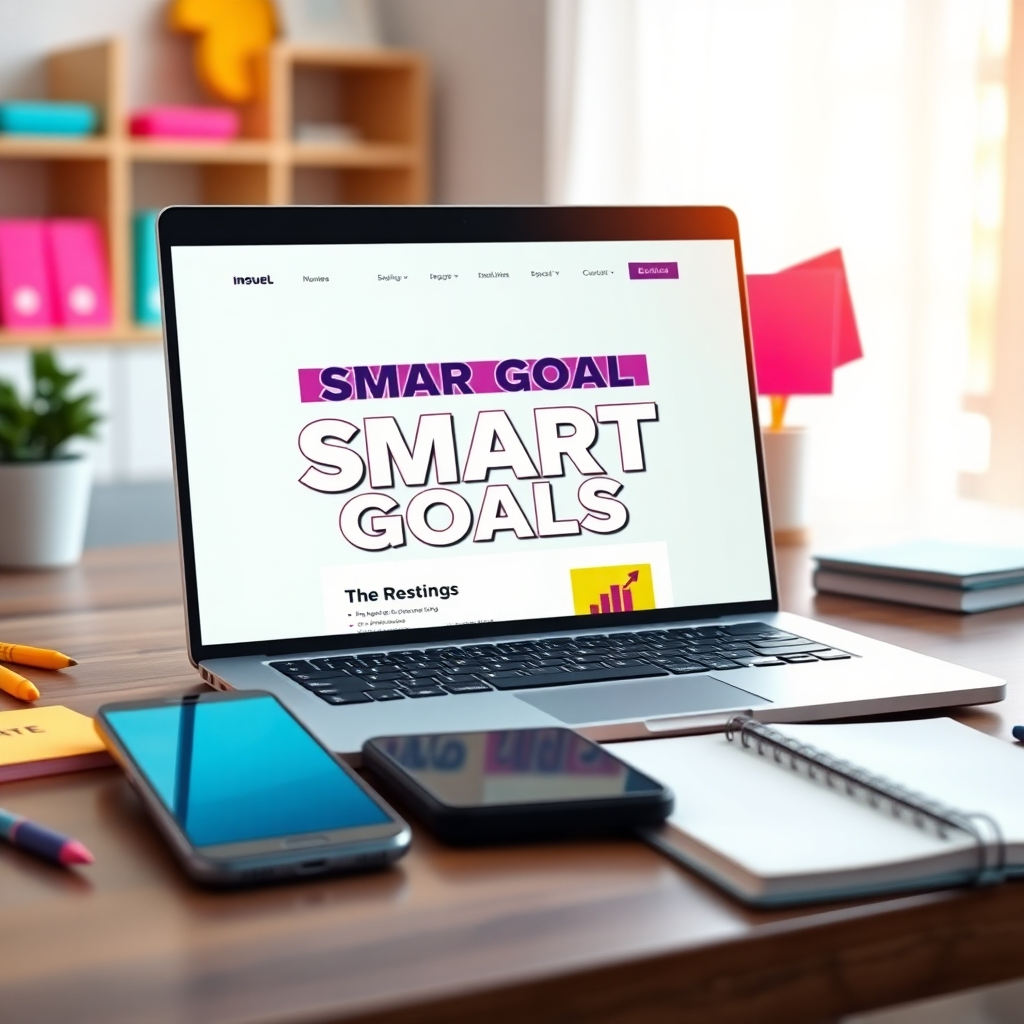 An open laptop displaying a vibrant website on SMART goals, surrounded by smartphone, notepad, and colorful sticky notes; a bright, inviting workspace with a focus on technology and creativity, emphasizing the digital age of goal achievement.