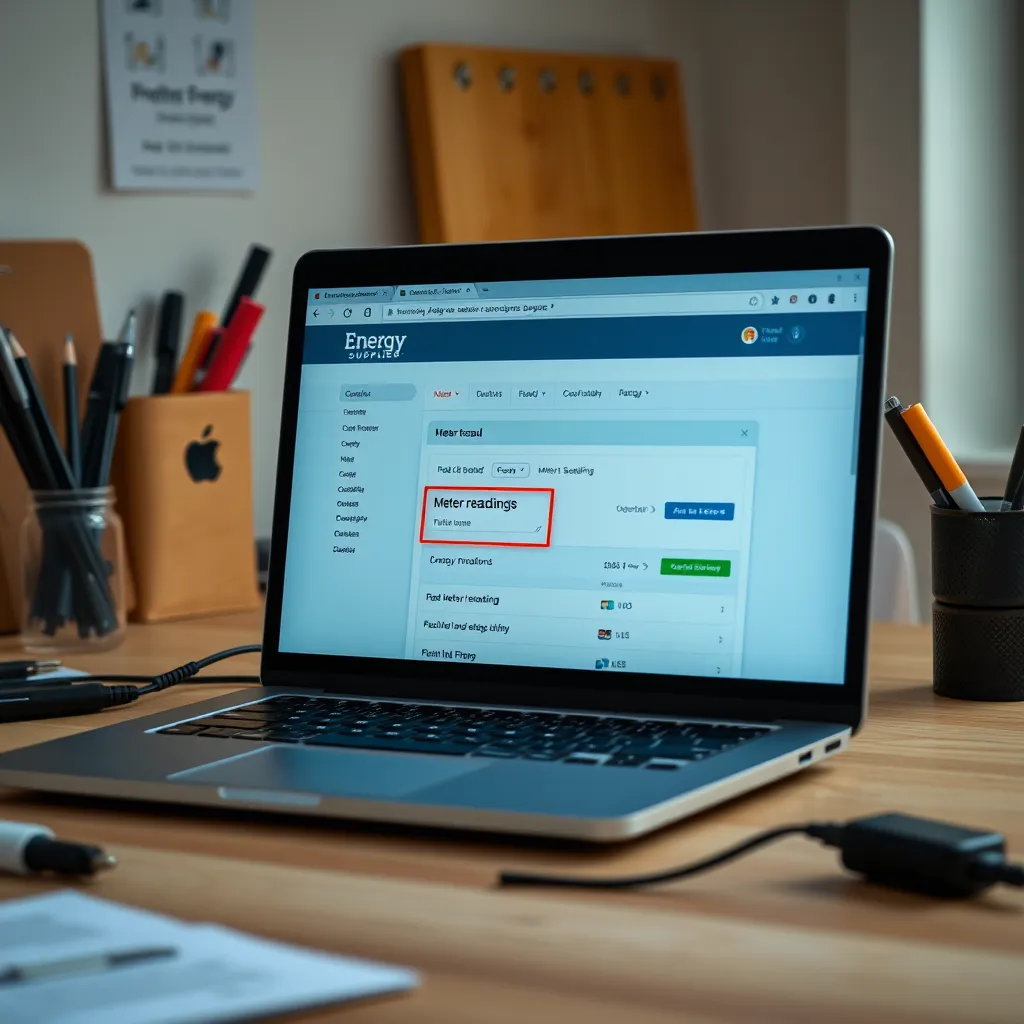An open laptop showing an energy supplier's online portal with a highlighted area for meter readings. The workspace is tidy, with various stationery items and a laptop charger visibly plugged in, creating a productive environment.